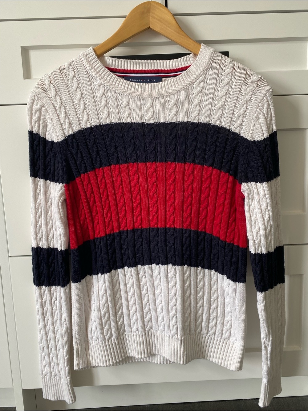 Tommy Hilfiger Cable Knit Crewneck Sweater in White, Navy & Red